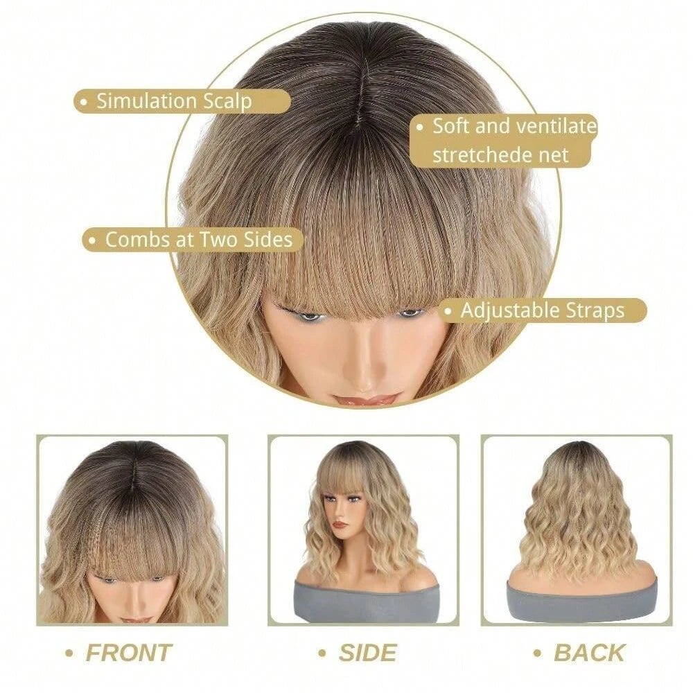 14in Blonde Bob Wig With Bangs For Women Curly & Wavy Shoulder-Length Synthetic Hairpiece, Perfect For Daily Wear & Cosplay