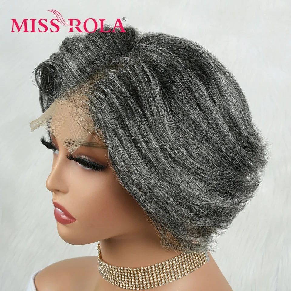 Miss Rola Brazilian 4X4 Lace Front Human Hair Wigs Grey Highlights #44 Bob Style Wavy Hair Lace Wig Remy 180% Density