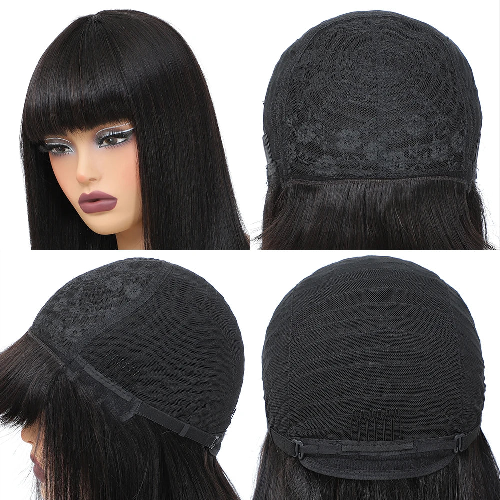 Bob Wig With Bangs Human Hair Bone Straight Brazilian Short Bob Wigs Human Hair For Women Ready To Wear Natural Black Color