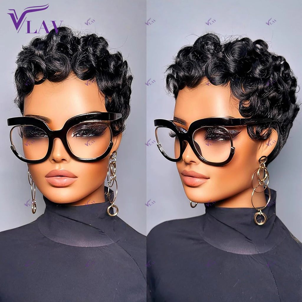 Bob Wig With Bangs Hair For Black Women Glueless Wigs Human Hair 13×4 Lace Short Black Straight Pixie Cut Water Wave Curly Hair