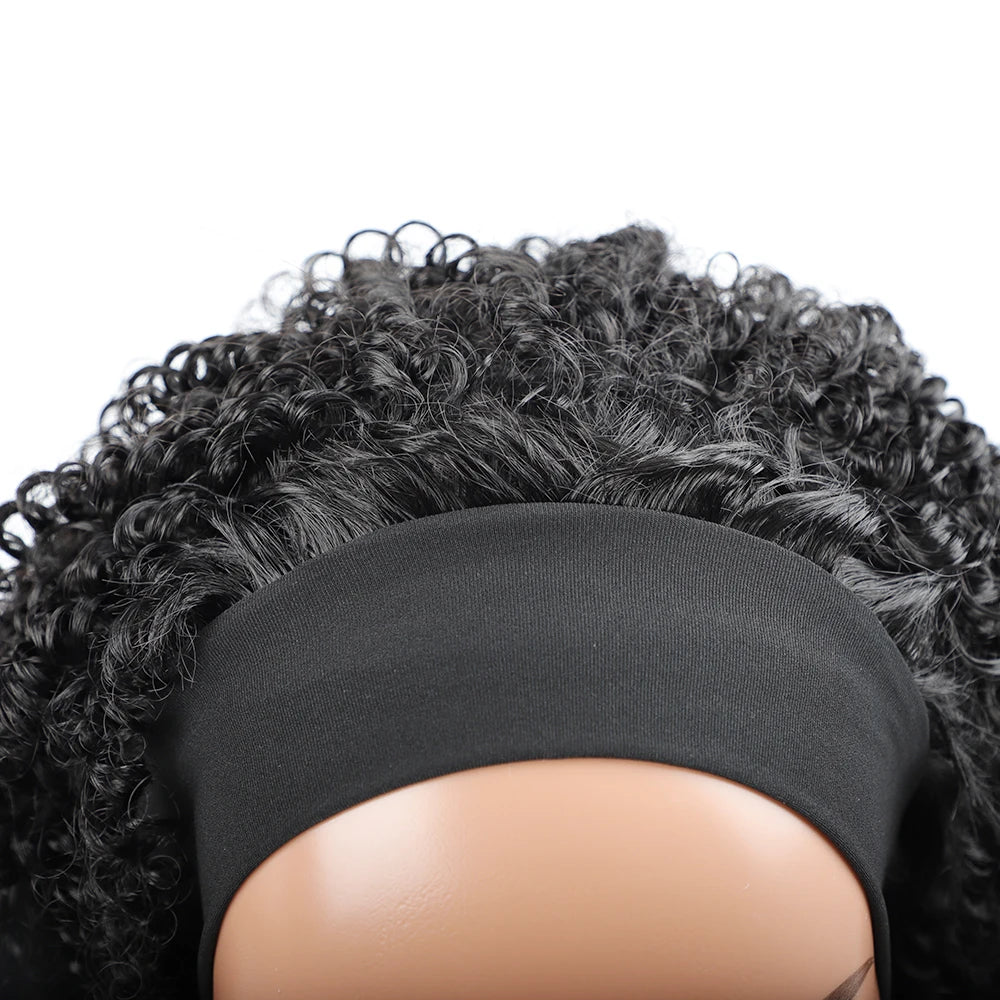 Headband Wig Synthetic Curly Short African American Wigs Afro Wig with Headbands Black Women's Synthetic Afro Wigs with Bandage