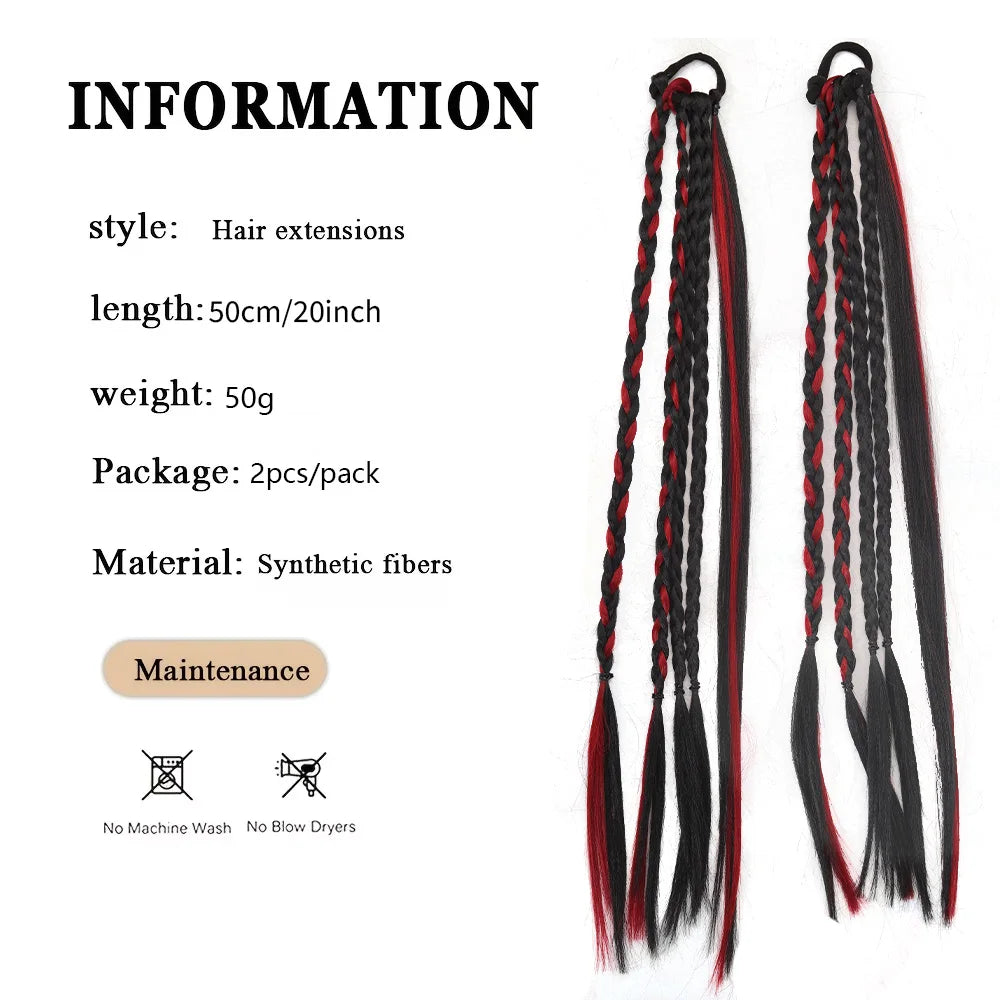 Long Braided Ponytail Extension Synthetic Hair Extensions Red Black Colored Box Braids with Rubber Band Hairpiece for Women