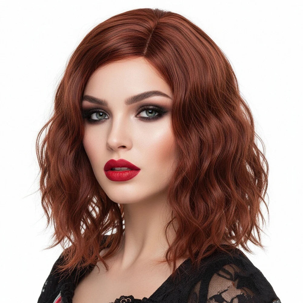 Women’s Short Wavy Brown Bob Wig with Side Line Part Heat Resistant Synthetic Great for Halloween Cosplay Themed Gatherings