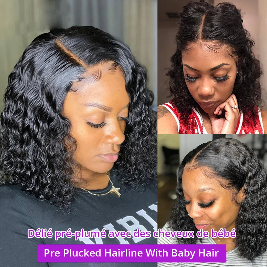 Water Wave Bob Brazilian Wig Frontal Lace Wig 180% Pre-Plucked Natural Wave Wear Curly Lace Frontal Human Hair Wigs For Women