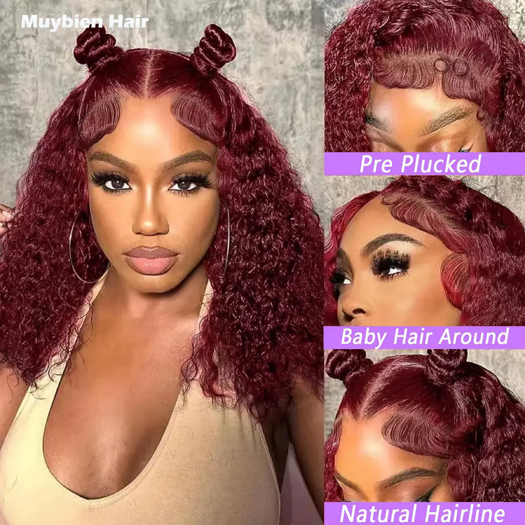 99j Burgundy Pixie Curly Bob Human Hair 5by5 Lace Closure Curly Wig 350% Density Deep Curly Wine Color Short Bob Wigs for Women