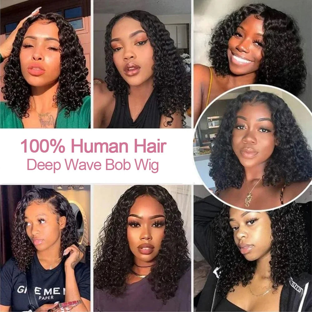13x4 Pre Cut Lace Deep Wave Bob Lace Wigs For Women Water Curly 7x5 Glueless Wigs 8 Inch Ready To Go Human Hair Wigs Wear And Go
