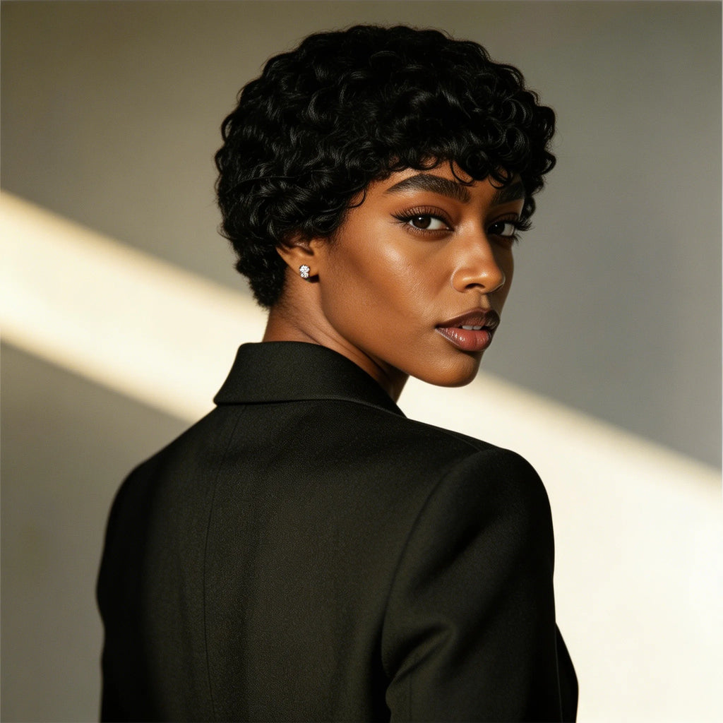 Natural Black Short Kinky Curly Wig with Bangs 100% Human Hair Machine-made Black Pixie Cut Curly Wig for Women Breathable Cap