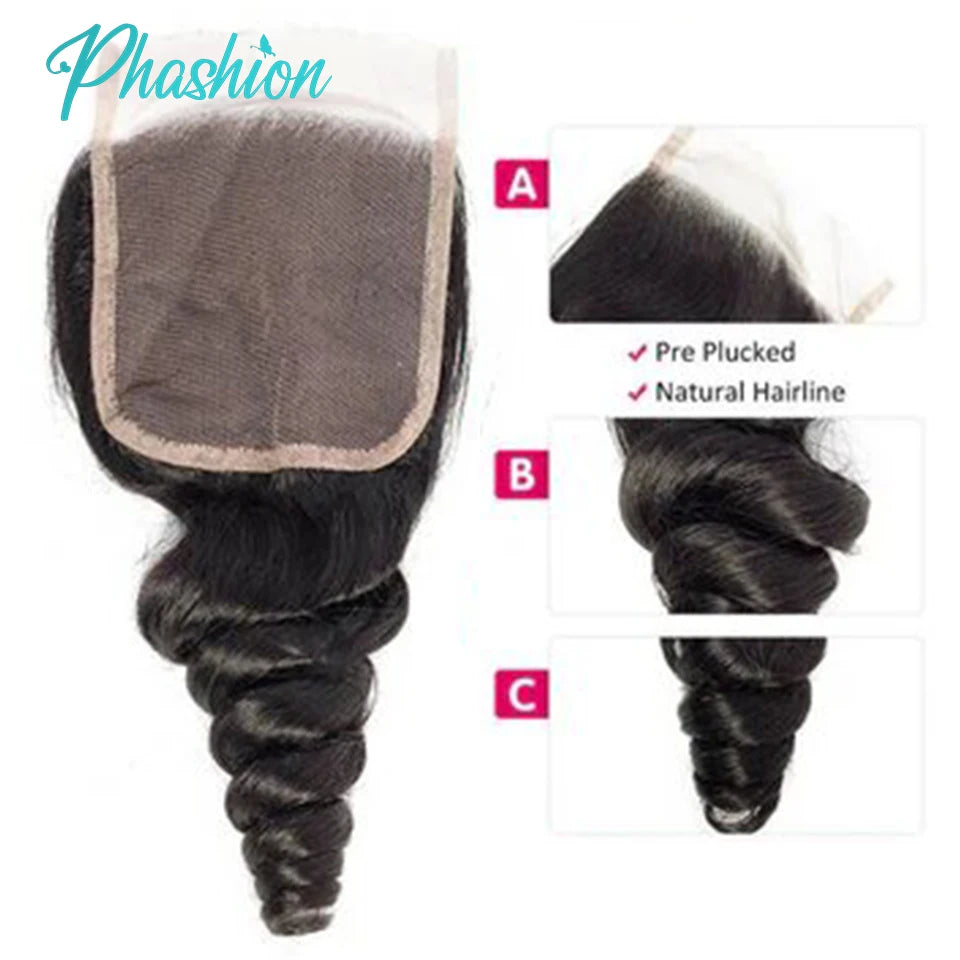 Phashion Loose Wave 13x4 Lace Frontal Only Transparent Swiss 4×4 Closure Pre Plucked Brazilian Remy Human Hair For Black Women