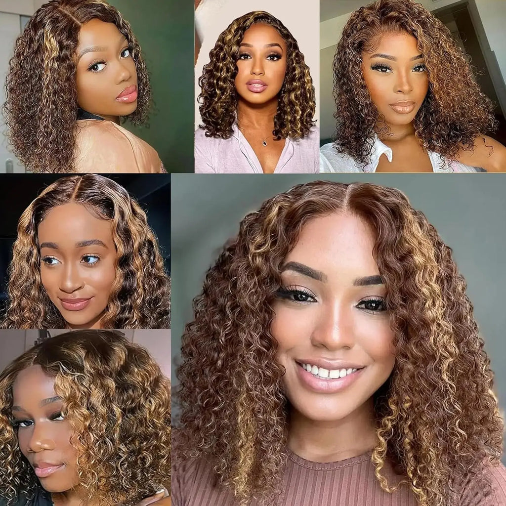 4/27 Highlight Color Curly Bob Wig Human Hair Deep Wave 200% Density 5x5 Glueless Closure Bob Wigs 14 Inch Ombre Brown Lace Wigs