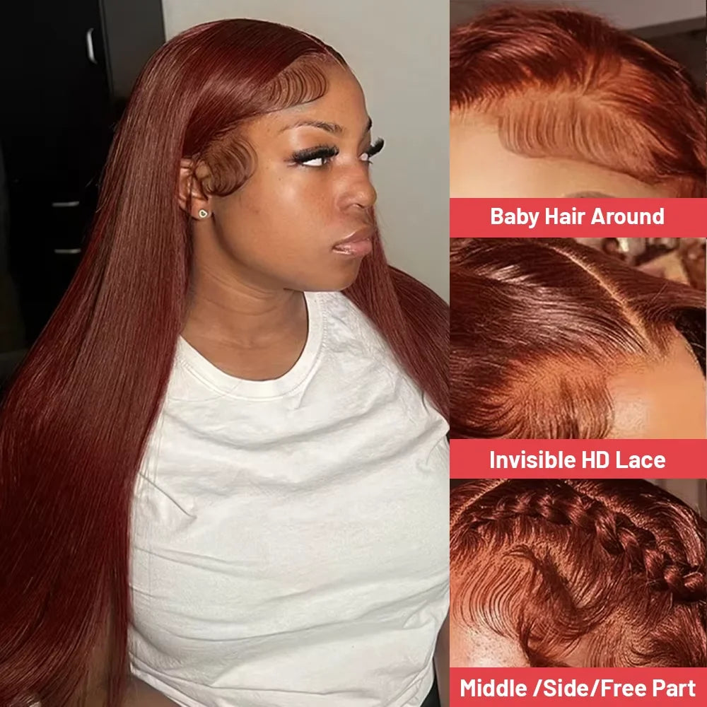 16A 100% Remy Hair Bone Straight Reddish Brown Wigs Human Hair 13x4 HD Lace Frontal Wigs Red Human Hair Wigs For Women 180%