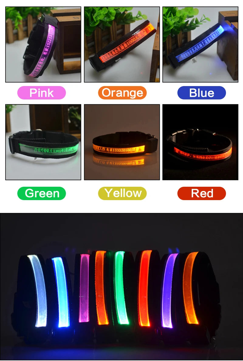 Dog Collars Personalized With Name/Phone Prevent Loss LED Night Safety Necklace Pet Collar Dog Small Puppy Cat Collar Para Perro