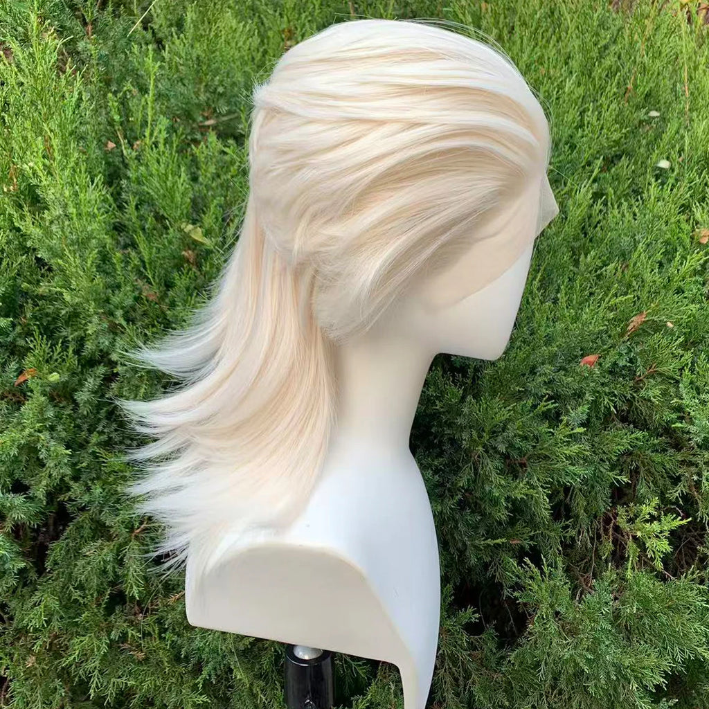 White Blonde Lace Front Wigs for Women 13×4 Glueless Wolf Tail Synthetic Hair Wig Heat Resistant Cosplay Wig for Men