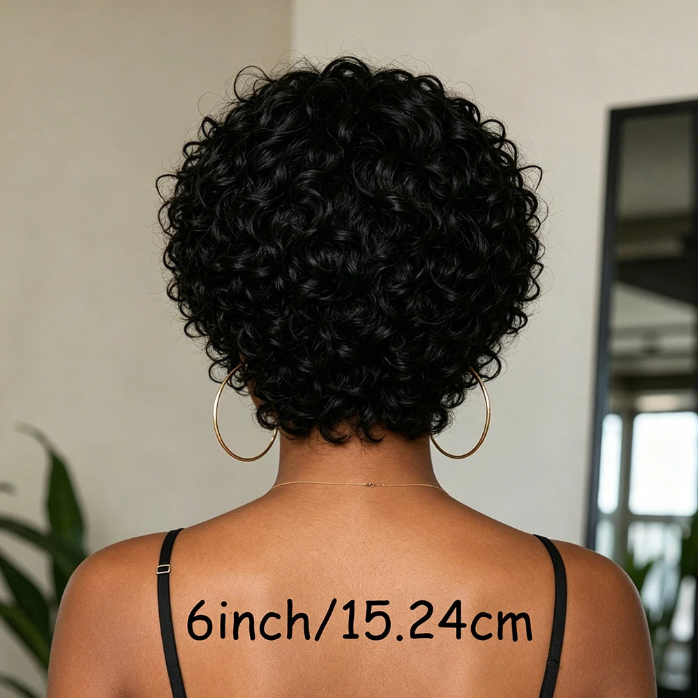 Short Curly Human Hair Wig For Women Brazilian Human Hair 6Inch Curly Pixie Cut Human Hair With Bangs Layered Full Machine Made