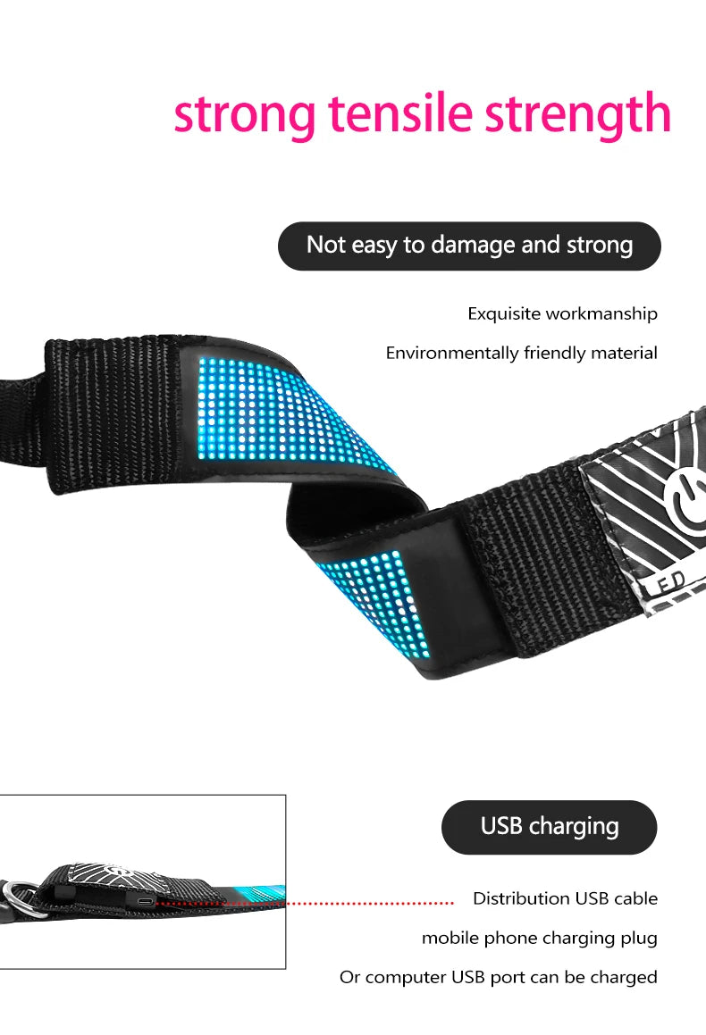 RGB Color LED Collar with Programmable LED Screen Scrolling Customized Text Animations Rechargeable Glowing LED Pet Dog Collars