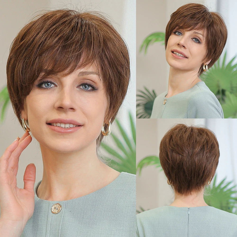 100% Remy Human Hair Wigs Brown Blonde Highlight Hair Short Pixie Cut Lace Front Wig for Women HD Transparent Human Hair Wigs
