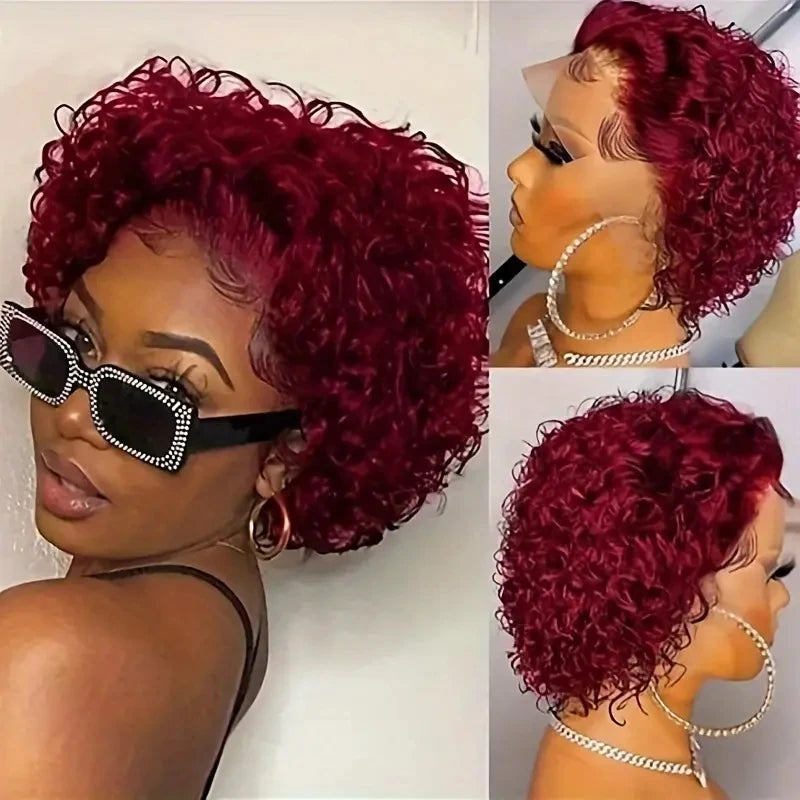 99J Short Curly Lace Front Human Hair Wigs 13X1 Pixie Cut Short Curly Human Hair Wigs Red Water Wave Wigs For Women Human Hair