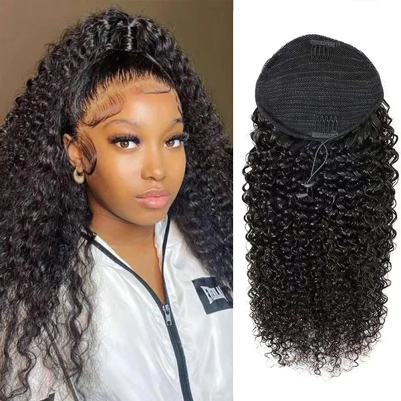 Real Human Hair Ponytail for Women Drawstring Afro Kinky Curly Ponytails Human Hair Clips In Mongolia Hairpieces Extension