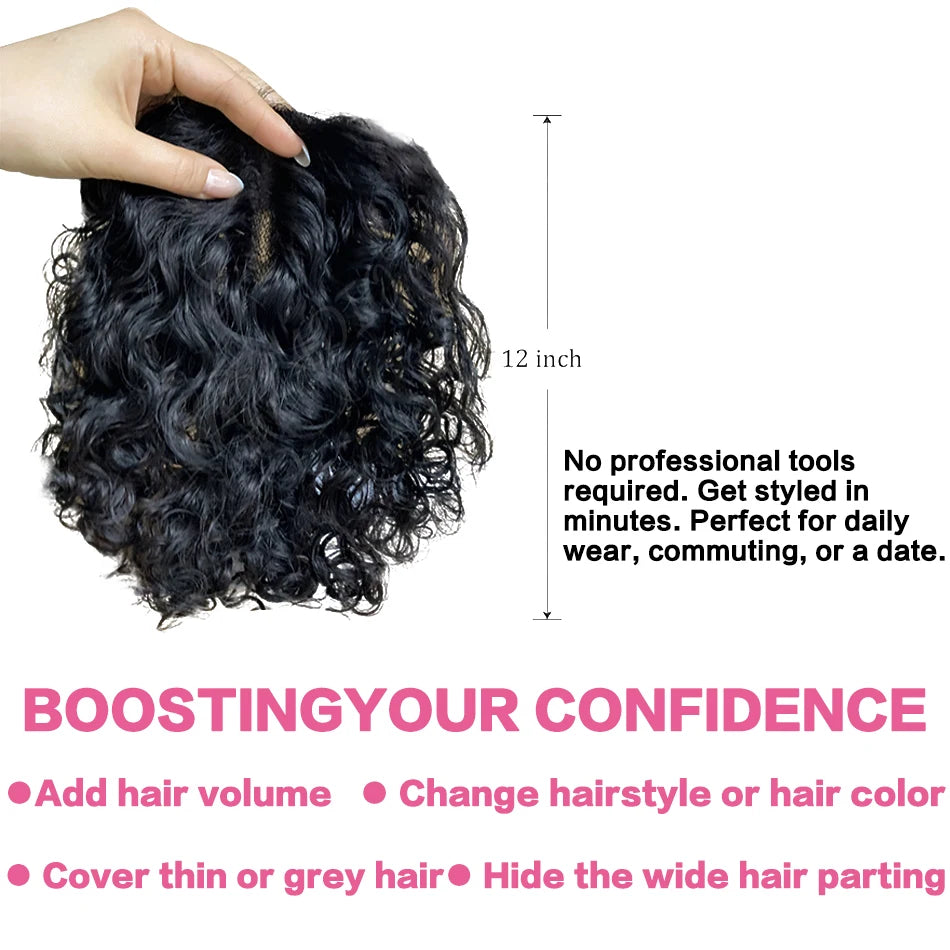 Real Human Hair Toppers for Women Clip In Curly 9x14cm 12 Inch Natural Black Breathable Mesh Base for Thinning Hair Add Volume