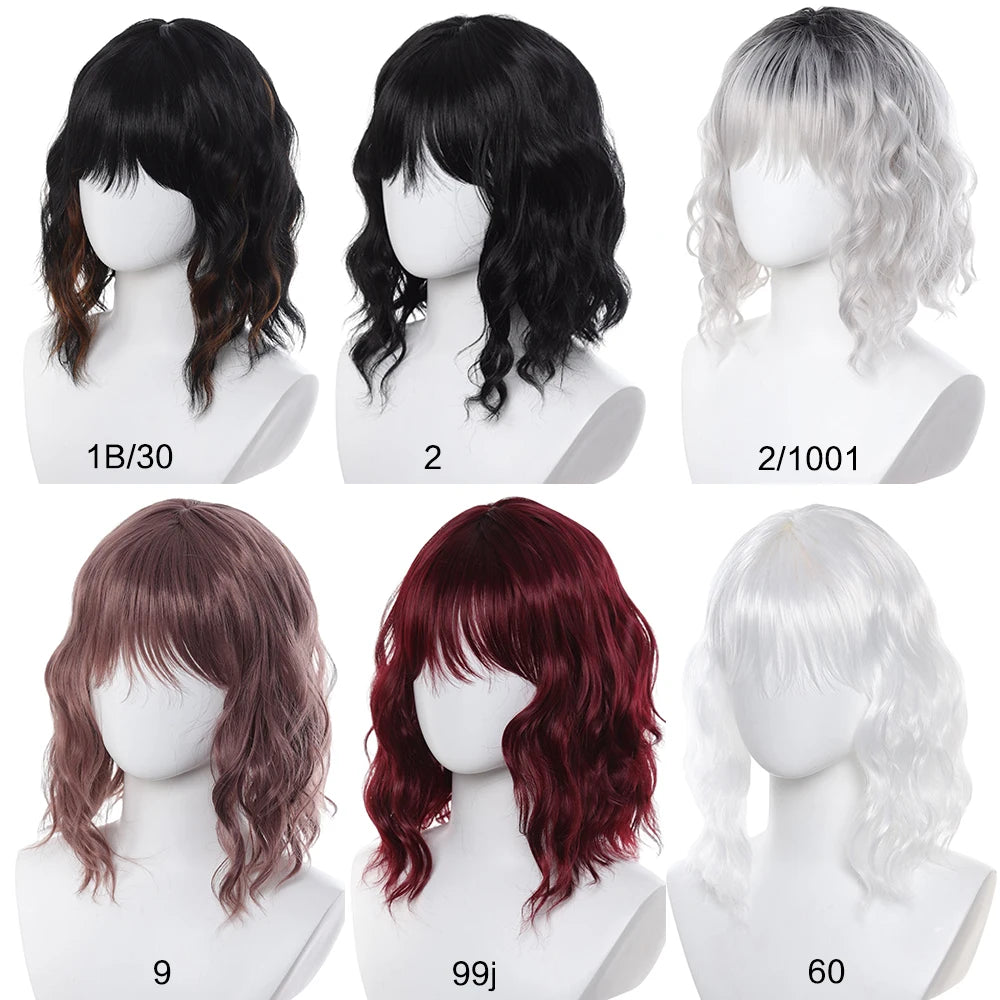 Natural Black Short Curly Wig for Women - Shoulder Length Wavy Bob with Bangs | Synthetic Heat-Resistant Hair