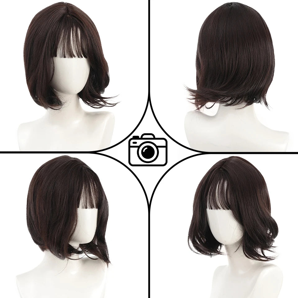 Brown Black Short Curly Hair Wig for Women High Quality Synthetic Wig Wave Fashion Ladies Wig with Bangs Cosplay Lolita Party