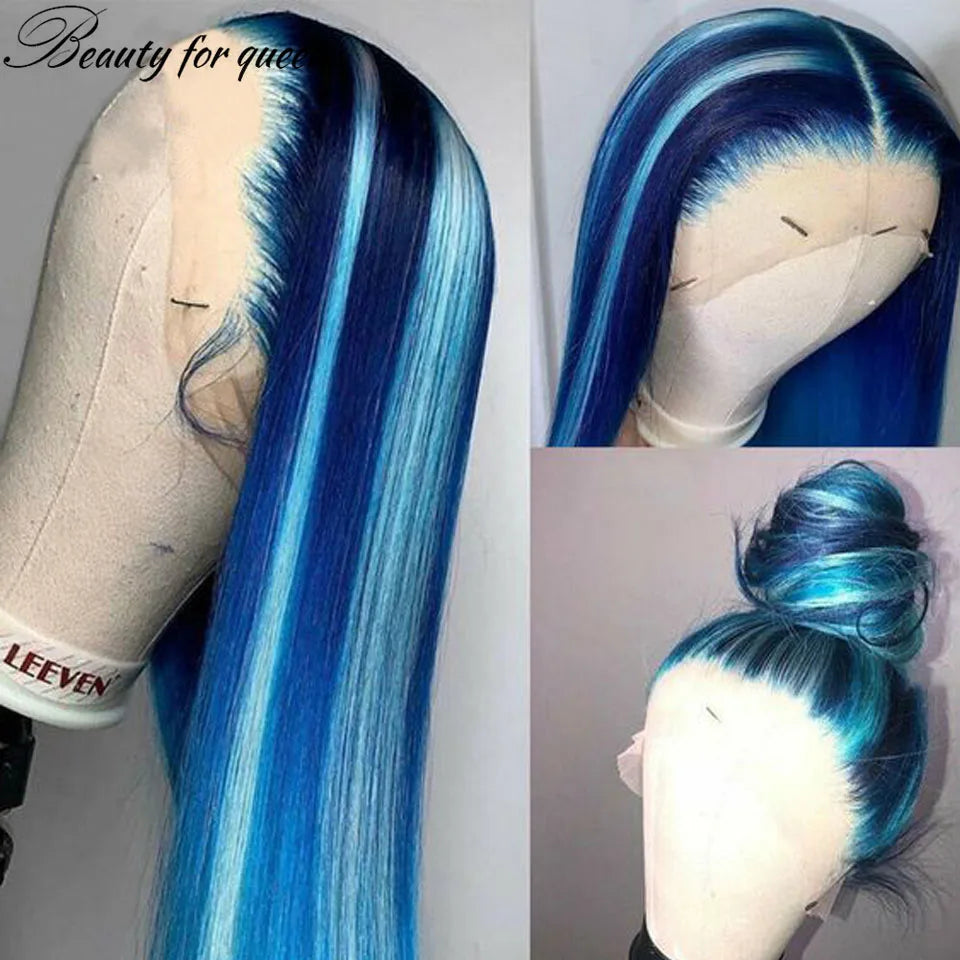 Remy Brazilian Hair Front Lace Wig PrePlucked Blue Lace Front Human Hair Wigs For Women Straight HD Transparent Lace Frontal Wig