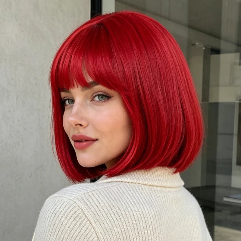 Stylish and elegant red bob with synthetic hair strands, 12-inch women's wig, suitable for parties and events.