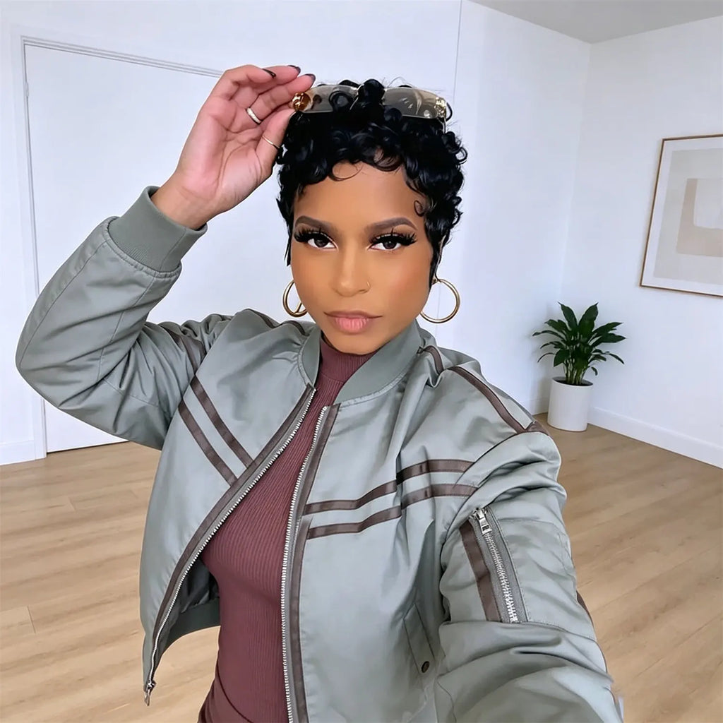 Human Hair Wig Short Curly Wig Full Machine Made Pixie Cut Wig 100% Human Braziline Remy Hair Fashion Breathable for Black Women