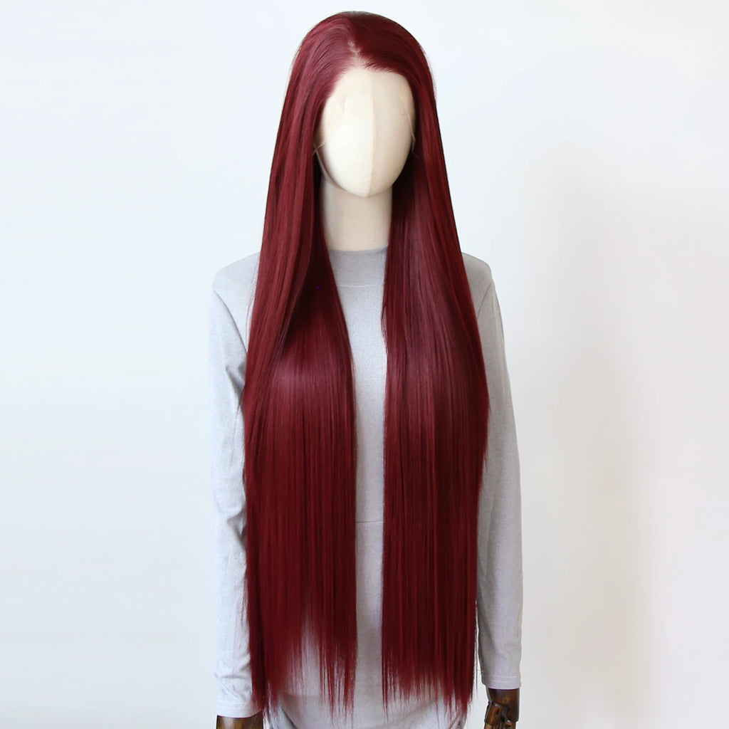 Wine Red Synthetic Lace Front Wig 40inch Long Straight Dark 99J Burgundy Lace Front Synthetic Wig Pre Plucked Natural Hairline