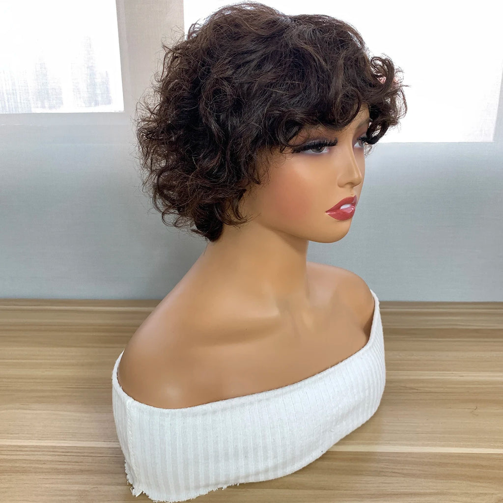 Bouncy Curly Short Pixie Bob Cut Human Hair Wigs With Bang Ombre Color Non Lace Full Machine Made Wig For Women Remy Hair