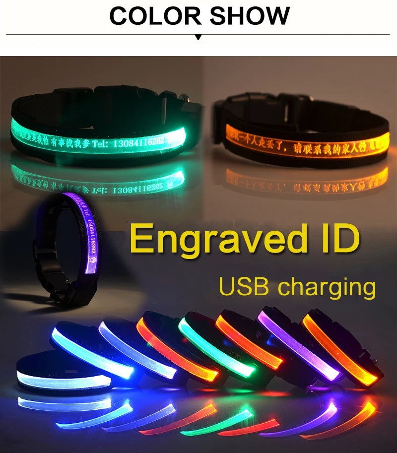Dog Collars Personalized With Name/Phone Prevent Loss LED Night Safety Necklace Pet Collar Dog Small Puppy Cat Collar Para Perro