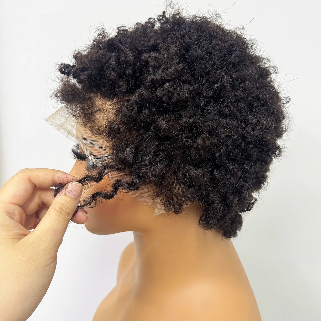 New Arrival 4C Hairline Edges Afro Kinky Curly Human Hair Wig 13x4 Transparent Lace Frontal Short Curly Hair Wig for Black Women
