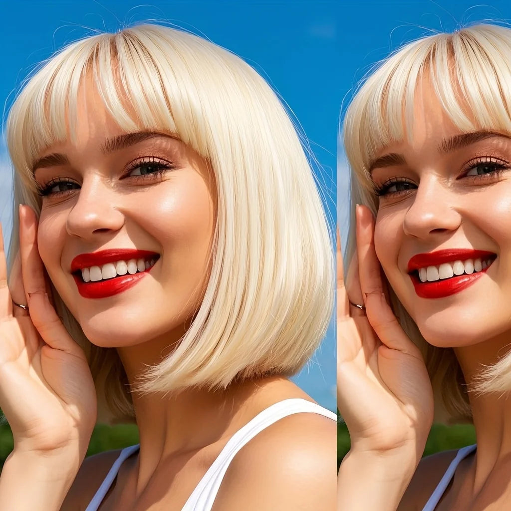 Charming Short Bob Wig, Fully Machine-Made 613 Blonde Hair with Bangs, Women's Short Straight Hair, Real Human Hair Wig, Suitable for Daily Wear, Cosplay, and Christmas Parties