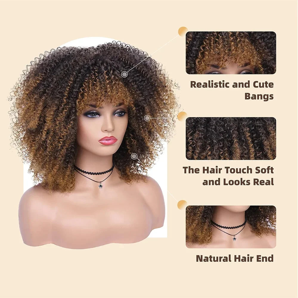 16 Inch Black Brown Natural Looking Synthetic Hair Afro Curly Wig for Black Women Kinky Curly Wig with Bang Short Curly Bob Hair