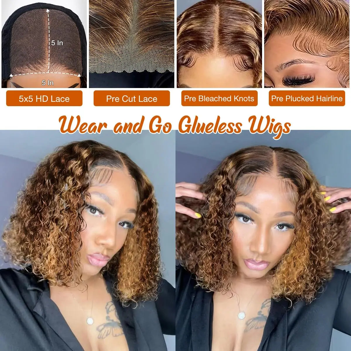 4/27# Highlight Ombre Deep Wave Bob Wig For Women 5x5 Glueless Curly Honey Blonde Wigs Human Hair Pre Plucked Wear and Go Wigs
