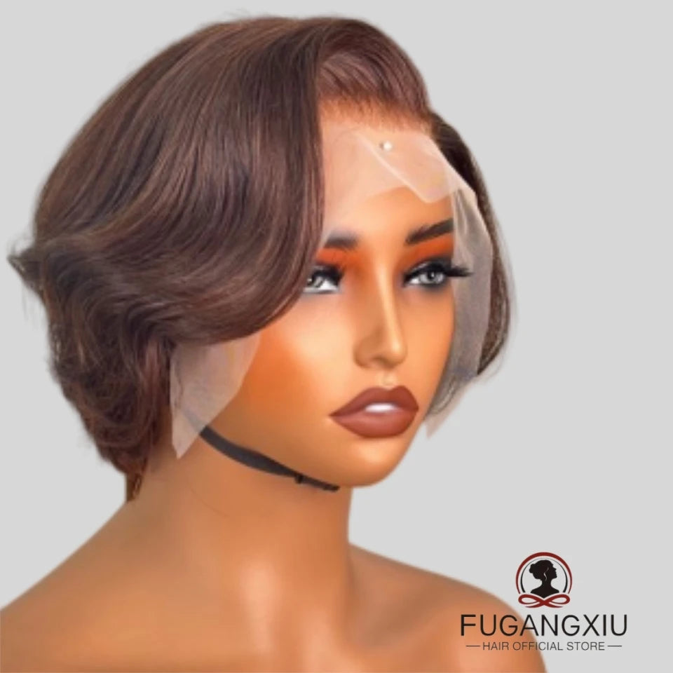 13×4 frontal lace remy wig for women 8inch short straight pixie cut human hair wig natural black/#4  color 150%density