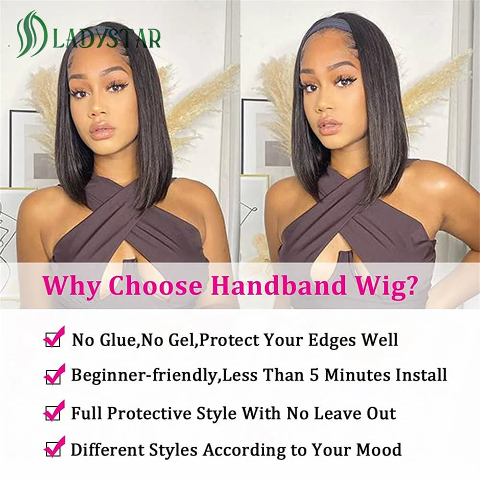Short Bob Headband Wigs Brazilian Human Hair Wig With Headband  For Women Full Machine Made Straight Bob Human Hair Wigs