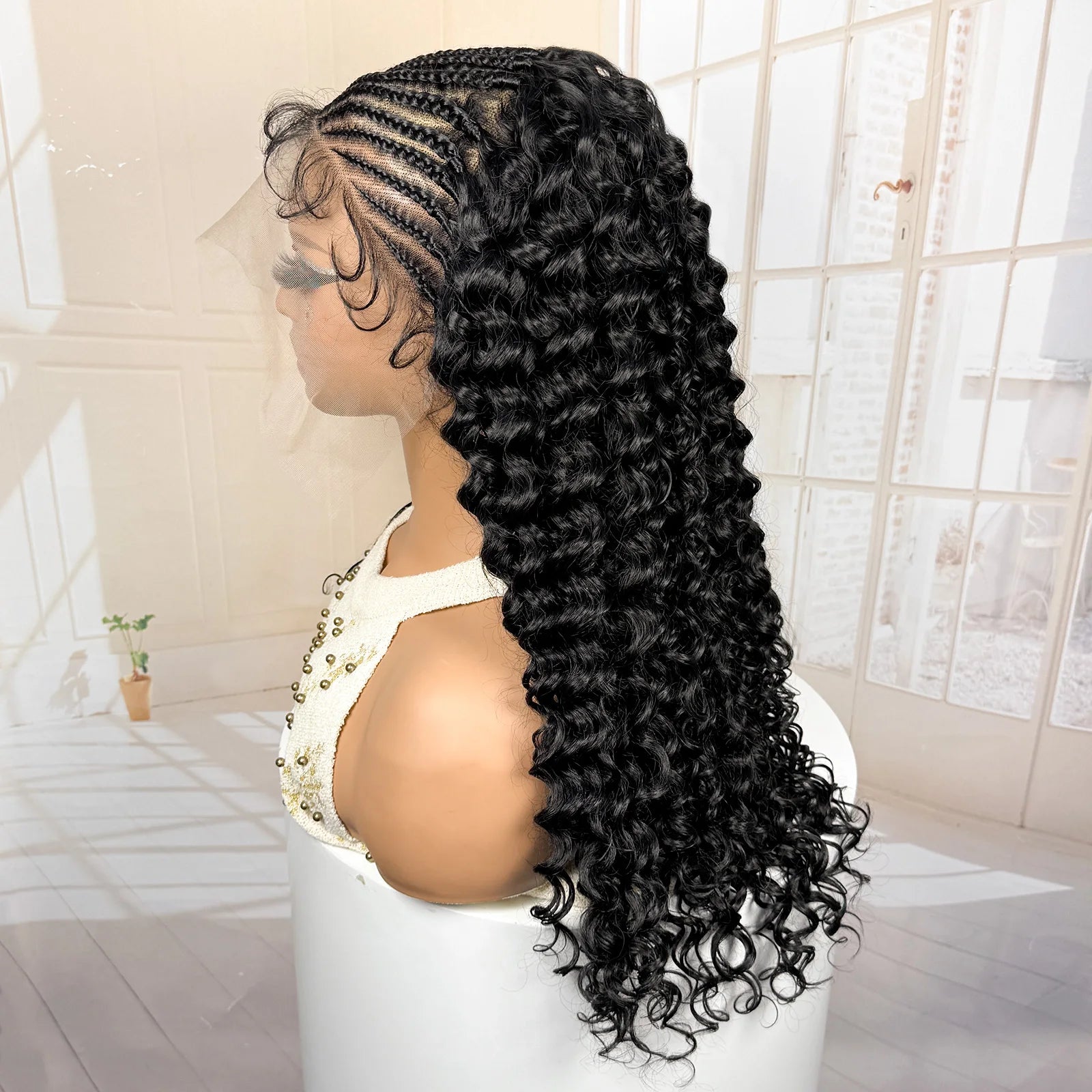 13x6 Lace Frontal Synthetic Cornrow Braiding Wig with Curly 22 Inches Handmade African Braids Hair Wigs for Black Women