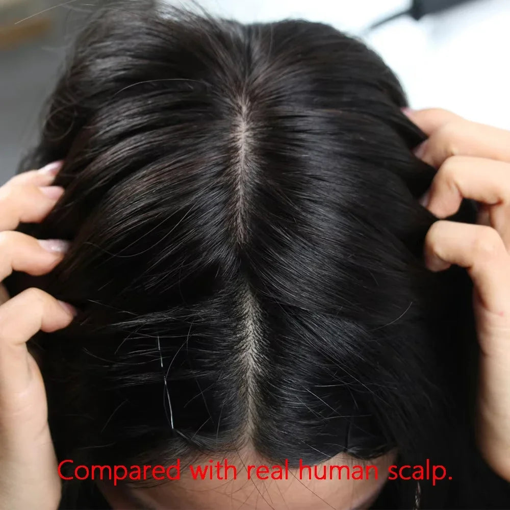 24' Wavy Real Original 100% Human Hair Wig 15x15cm Silk Base PU Frontal Natural Hairline Look Women's Realistic Scalp Wig