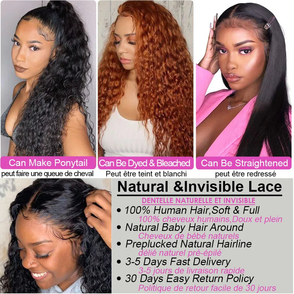 Upermall Deep Curly HD Transparent Lace Front Human Hair Wigs Brazilian Remy 30 Inch 13x4 Deep Wave Frontal BOB For Black Women