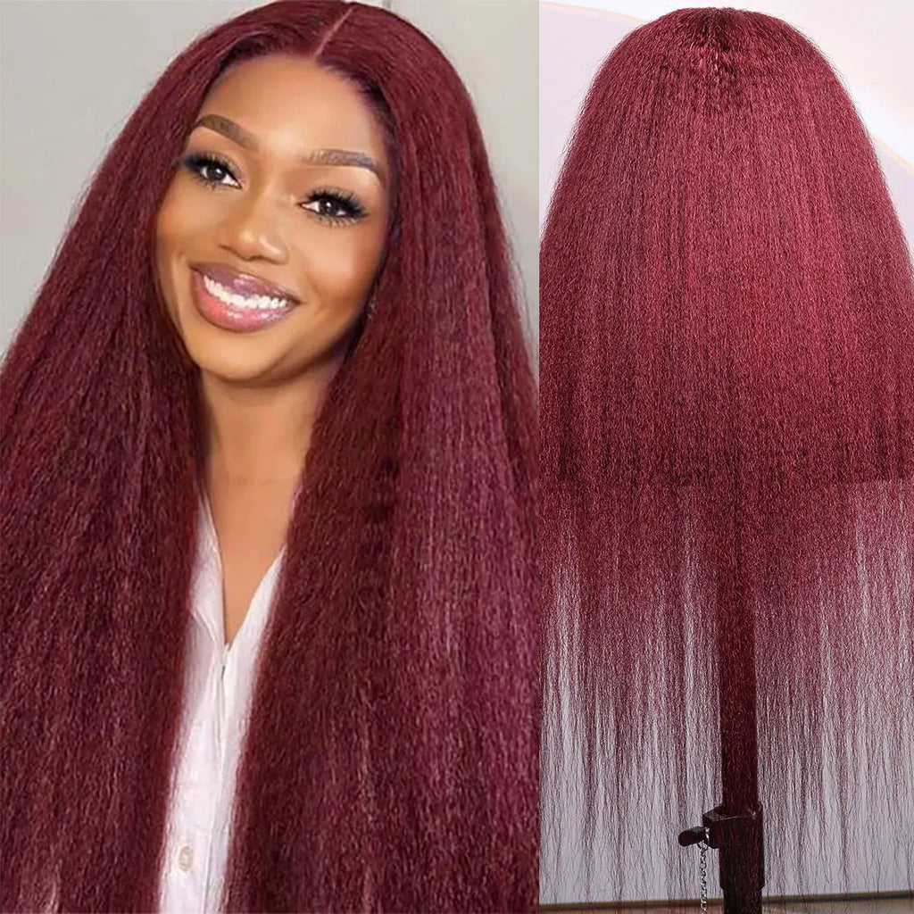 99J Burgundy Colored Kinky Straight 13x4 Lace Front Wig Human Hair Brazilian Remy 13x6 HD Lace Frontal Wig For Women Pre Plucked