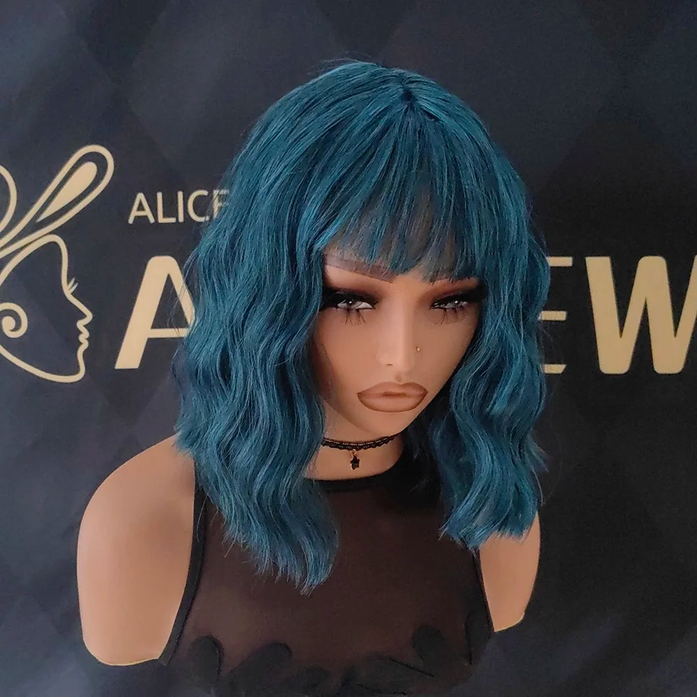 Natural Blue Short Curly Wig for Women - Shoulder Length Wavy Bob with Bangs | Synthetic Heat-Resistant Hair