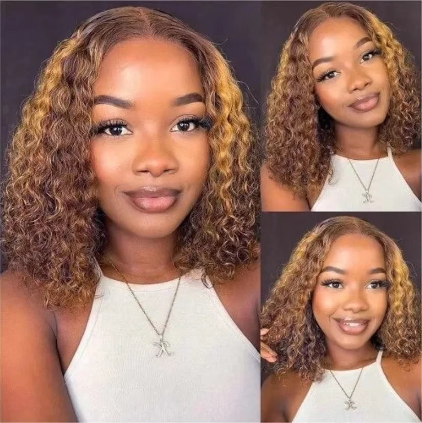 4/27# Highlight Ombre Deep Wave Bob Wig For Women 5x5 Glueless Curly Honey Blonde Wigs Human Hair Pre Plucked Wear and Go Wigs