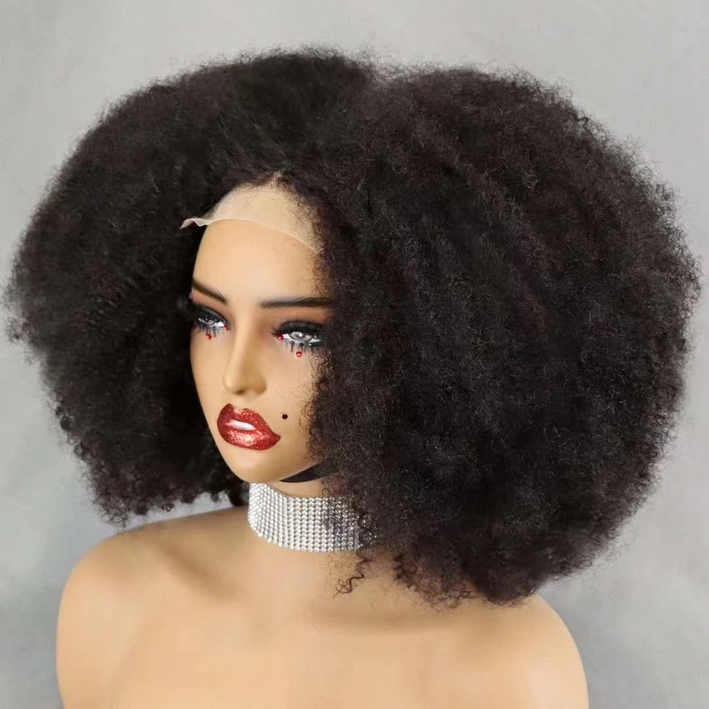 16 Inch Natural Afro Kinky Curly Human Hair Wig Bob Wigs 300% Density Short 4x4 Lace Closure Curly Wigs with Baby Hair for Women