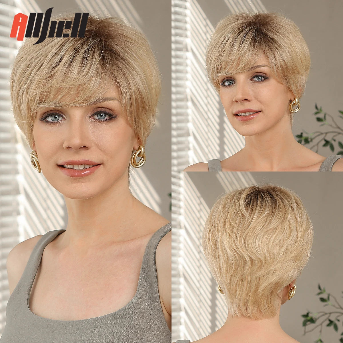 Blonde Highlight Lace Front Human Hair Wigs for Black Women Short Pixie Cut Wig WIth Bangs Natural Straight 100% Remy Human Hair