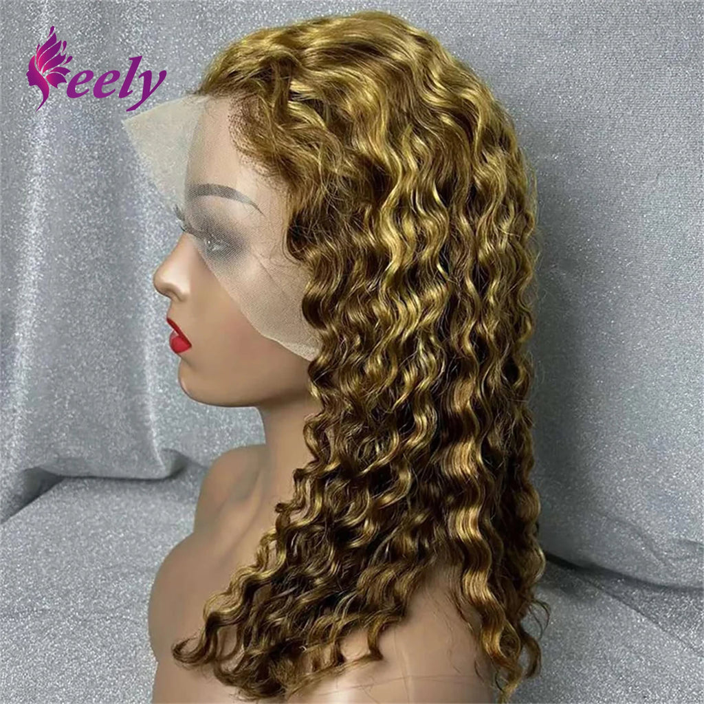 13x4 Lace Frontal Short Curly Bob Wig Human Hair Lace Wig 220% Density Brazilian Virgin Human Hair Deep Wave Short Bob Wigs