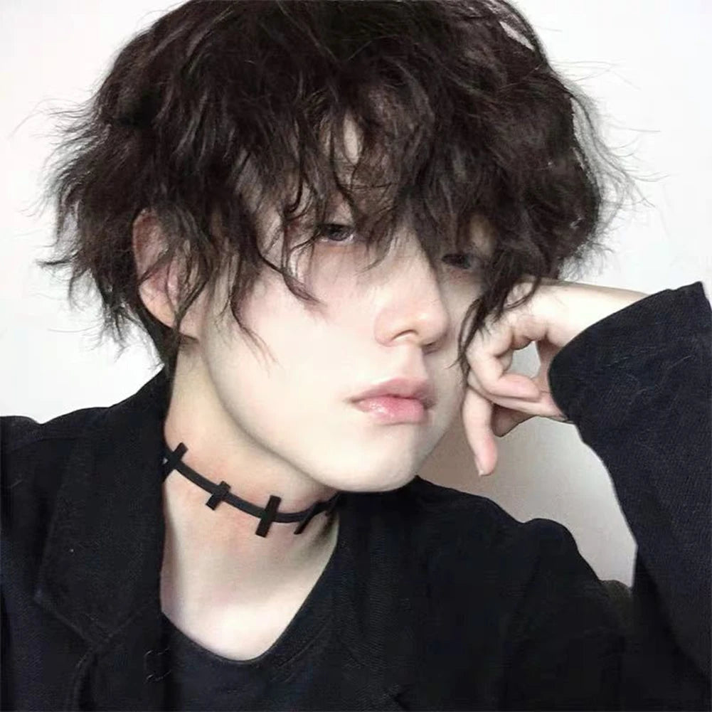 Short Natural Curly Wig For Men Black Synthetic Hair with Bangs Faux Hairs