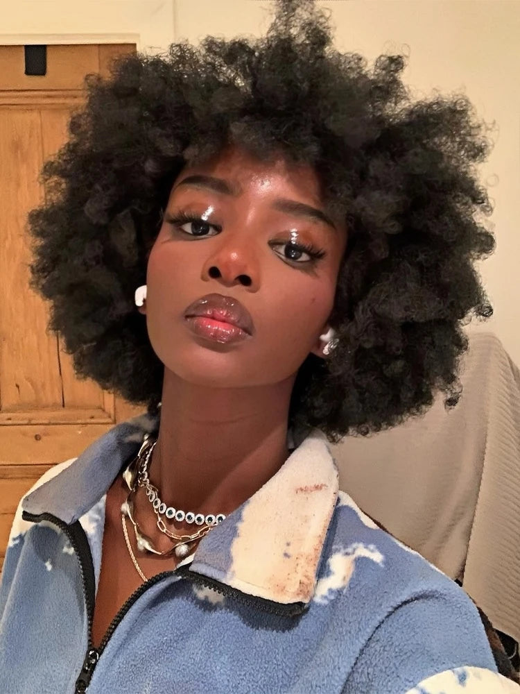 Natural Black 70s Afro Bouncy Curls Human Hair Wigs With Bangs Full Machine Made Kinky Curly Short Bob Glueless Wigs Wear and Go