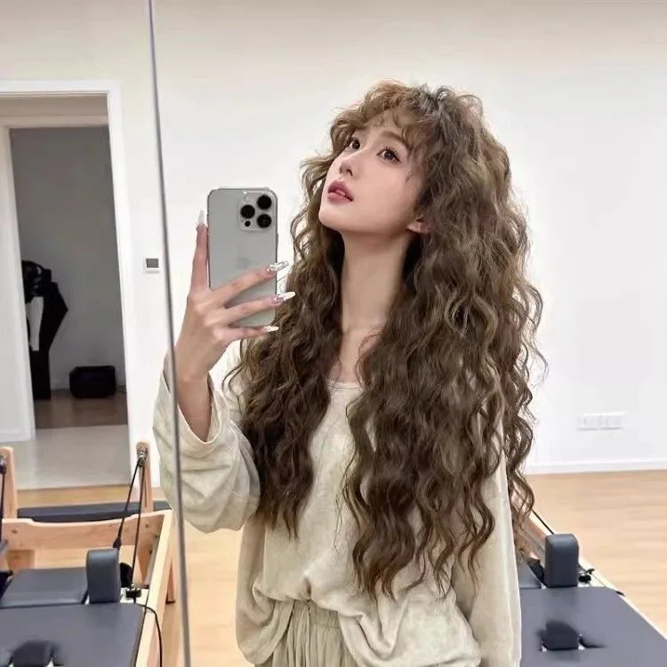Synthetic Women's Korean-style Woolly Waves Bangs Long Wavy Hair Cold Brown Egg Curl Daily Realistic Human Hair Wig