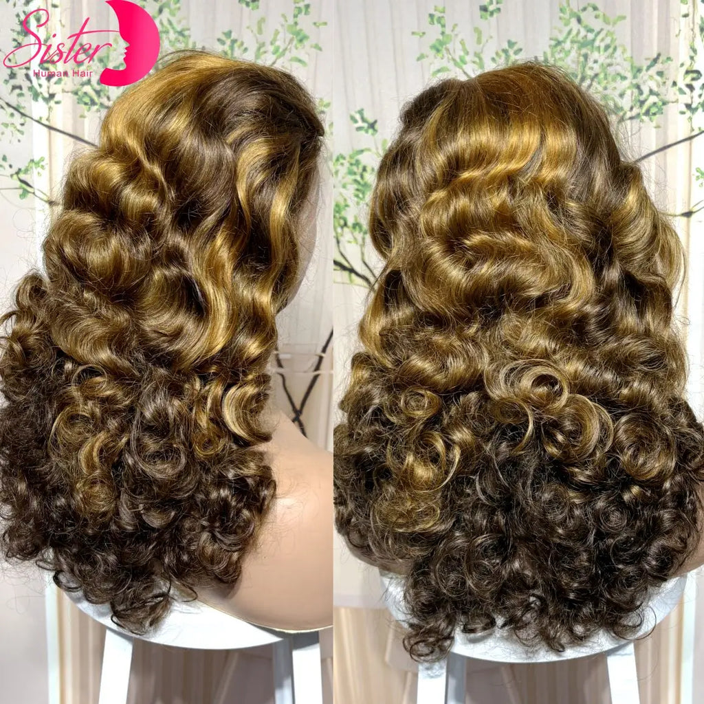 13x4 Lace Front Highlight Bouncy Curly Human Hair Wigs 300% Density 14-22in Colored Loose Wave Brazilian Remy Hair Wig for Women