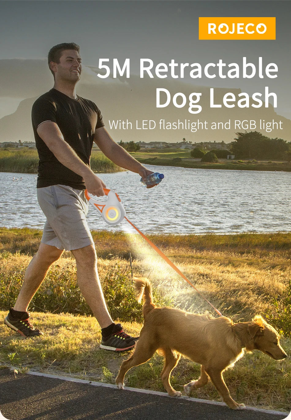 ROJECO Automatic Retractable Dog Leash LED Luminous Leading Fashion Light Straps For Dog Puppy Pet Flexi Walking Running Lead